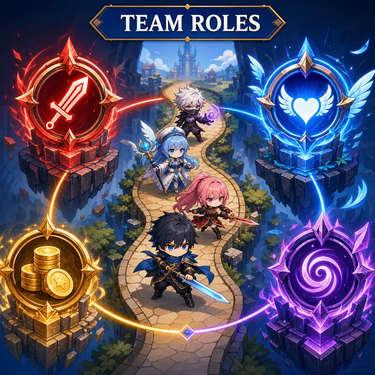 Editorial role map showing damage, support, economy, and control around a beginner Anime Vanguards team